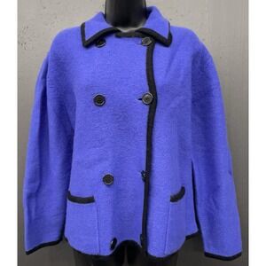 Wool Jacket Women L Purple Blue Black Trim Buttons Pockets Preppy Quiet Luxury